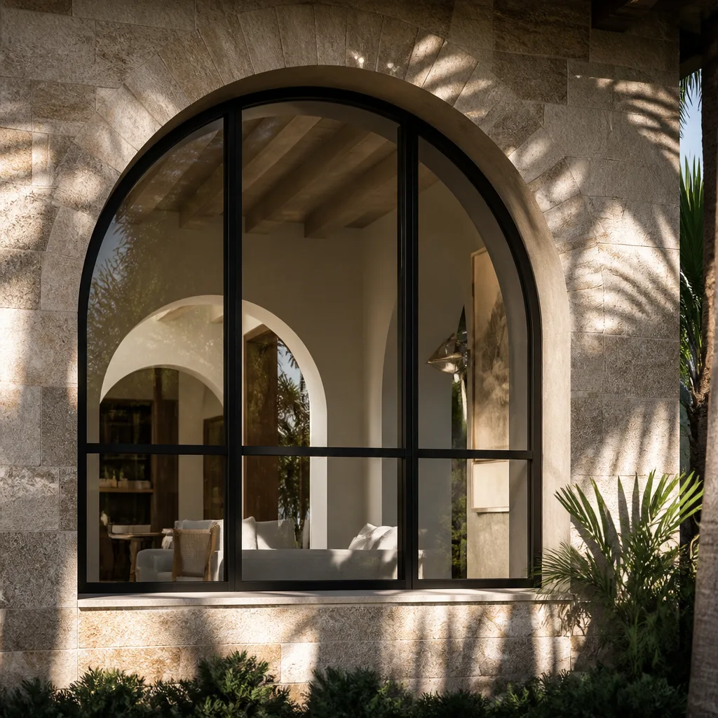 Modern arched black frame window with custom design and stone exterior in Ives Estates, FL