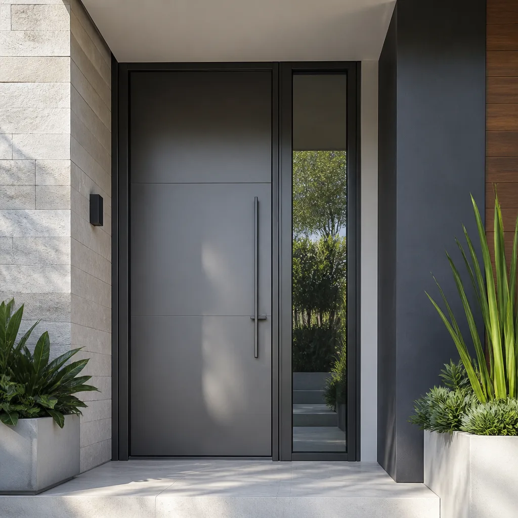 Modern matte gray front entry door with vertical handle and sidelight in Davie, FL