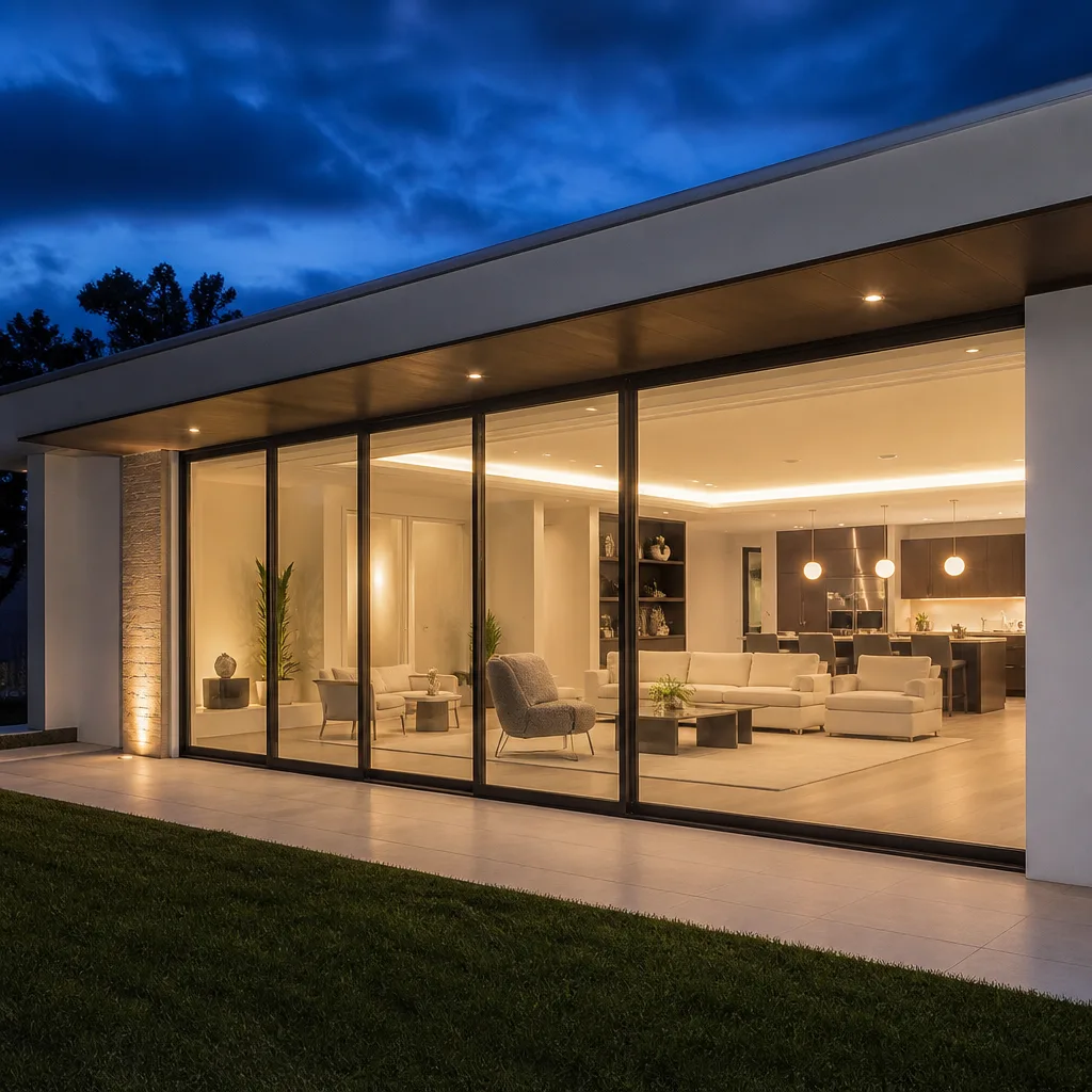 Modern floor-to-ceiling sliding glass patio doors on a luxury home in Ives Estates, FL