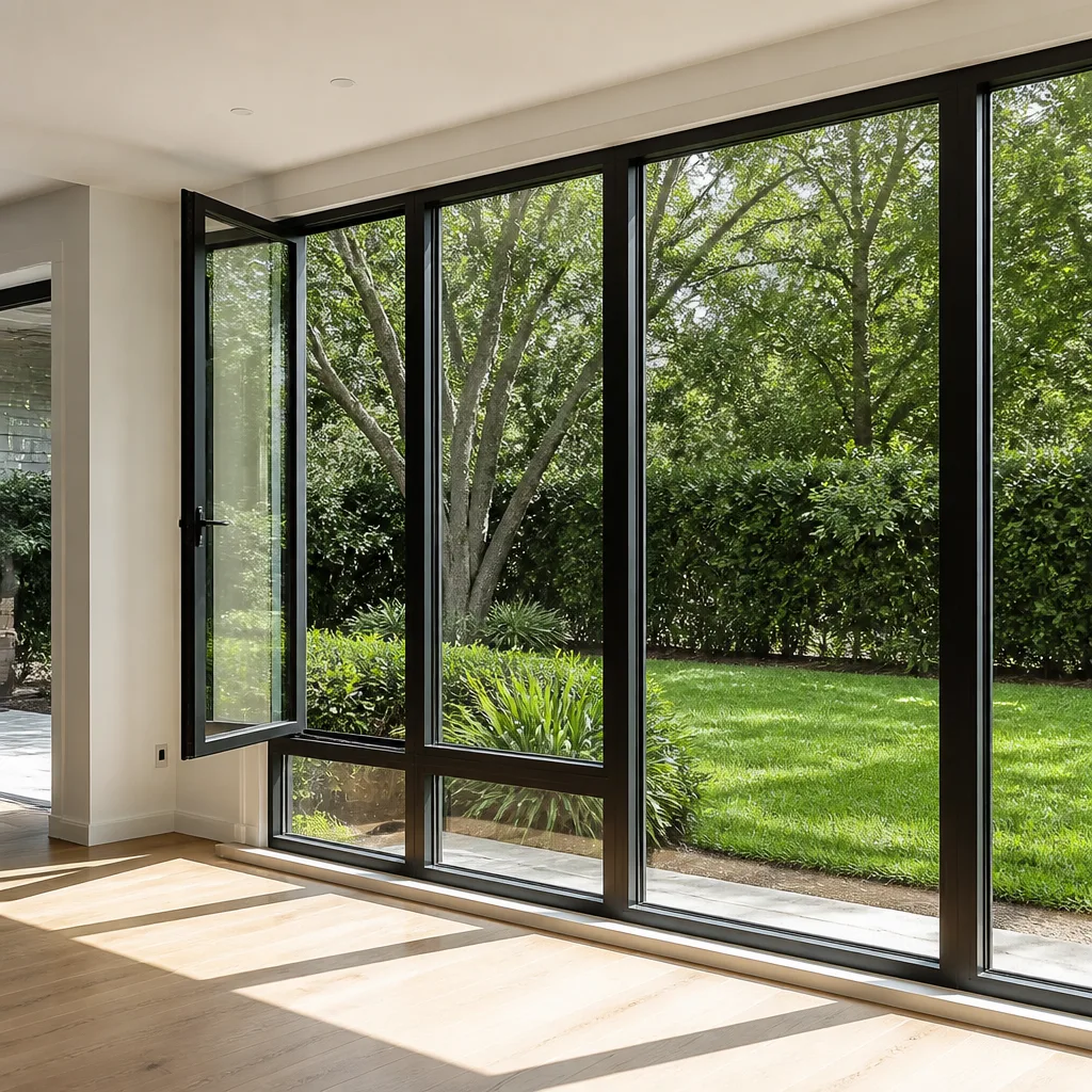Modern black-framed window and door installation overlooking a green garden in Ives Estates, FL