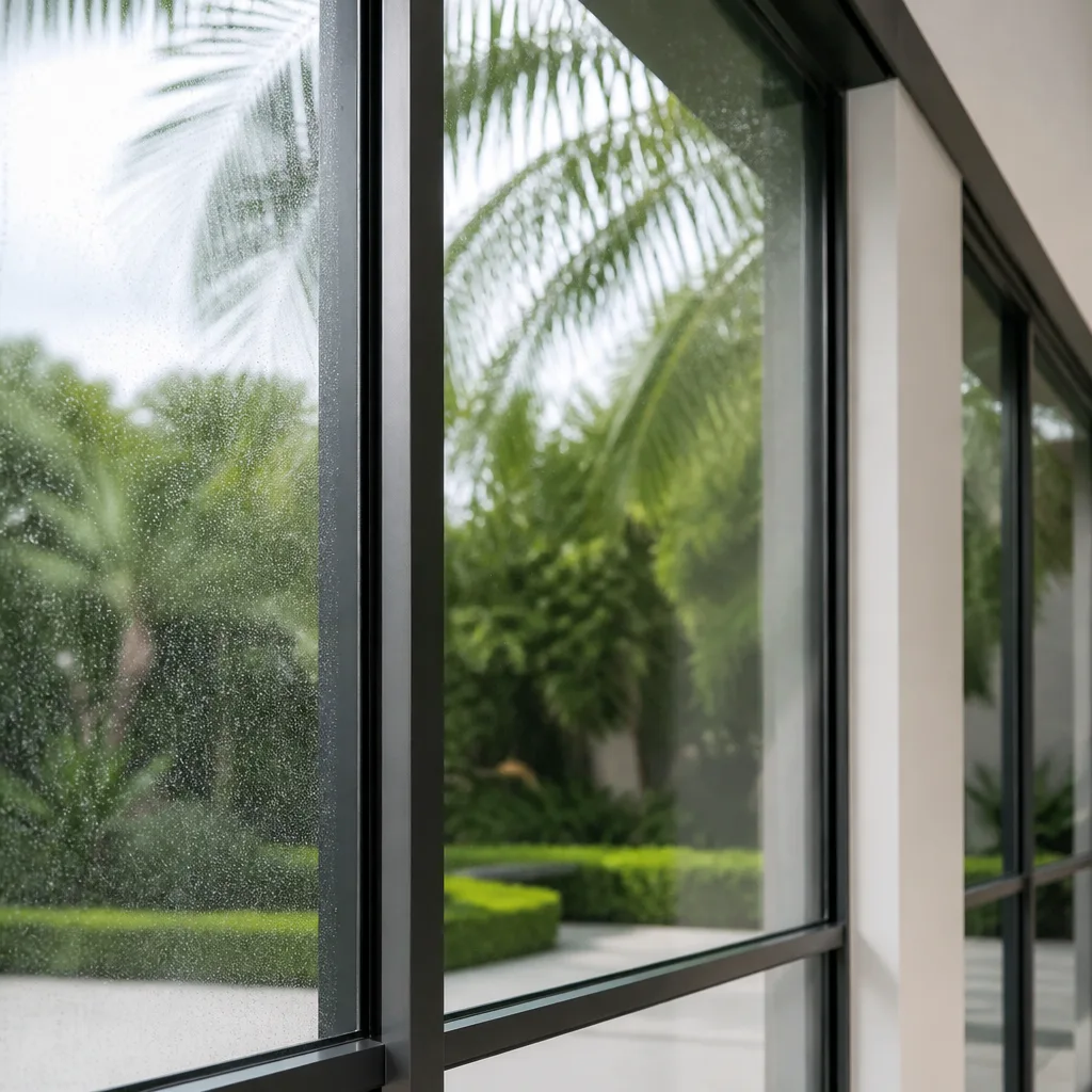 Modern black-framed windows installed overlooking a professional garden landscape in Ives Estates, FL