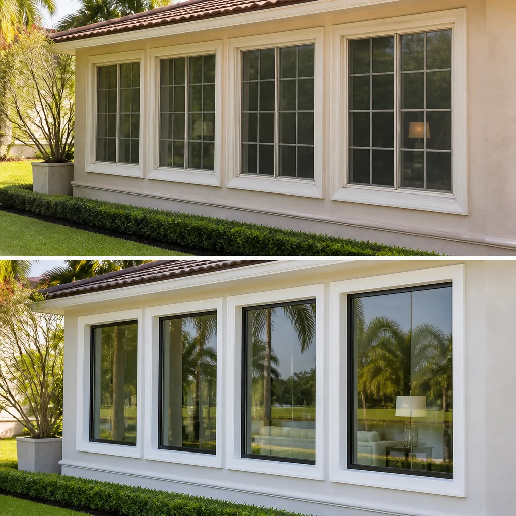 Comparison of traditional grid window replacement with modern seamless picture windows