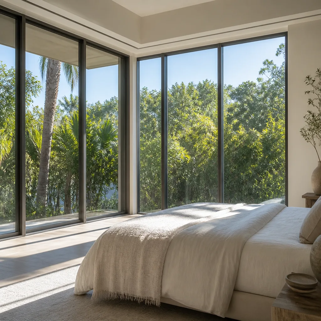 Modern floor-to-ceiling glass windows in a bright bedroom
