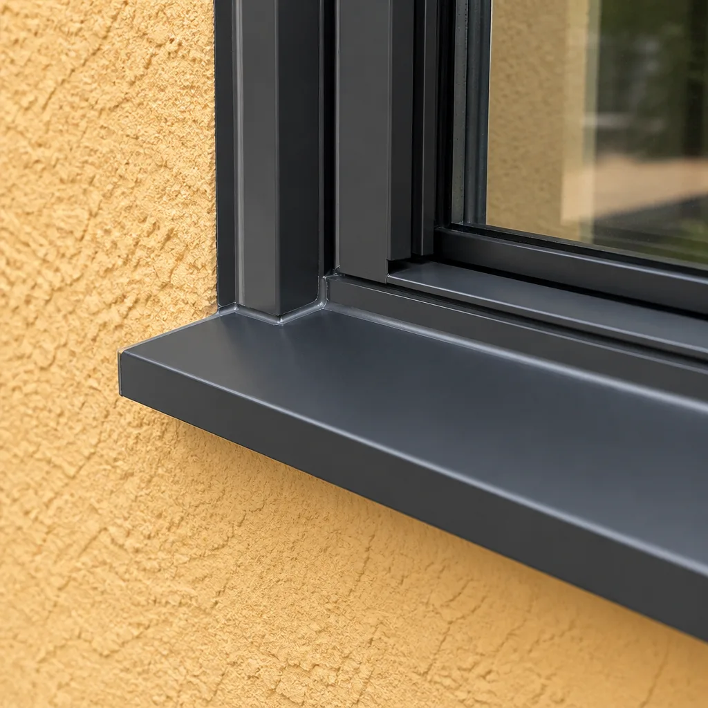 Modern grey window frame installed on a textured yellow house wall